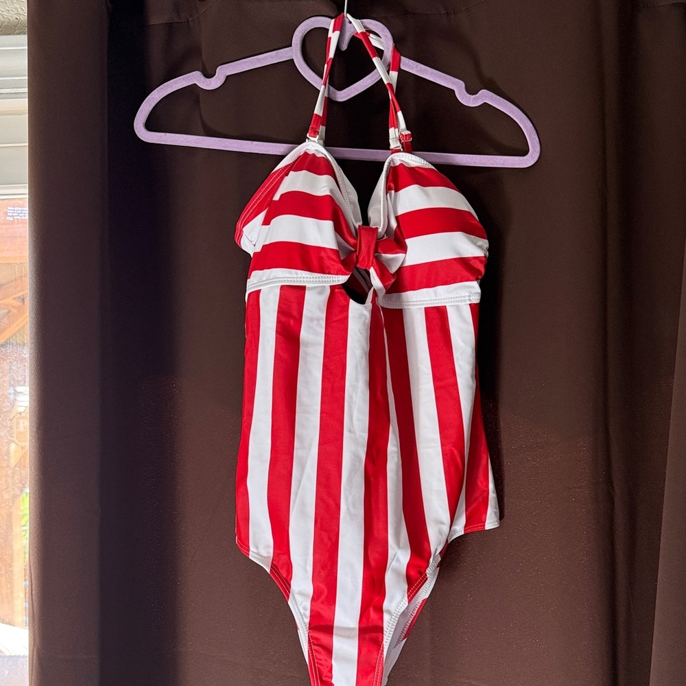 Chic Red and White Striped Women's One-Piece Swimsuit medium